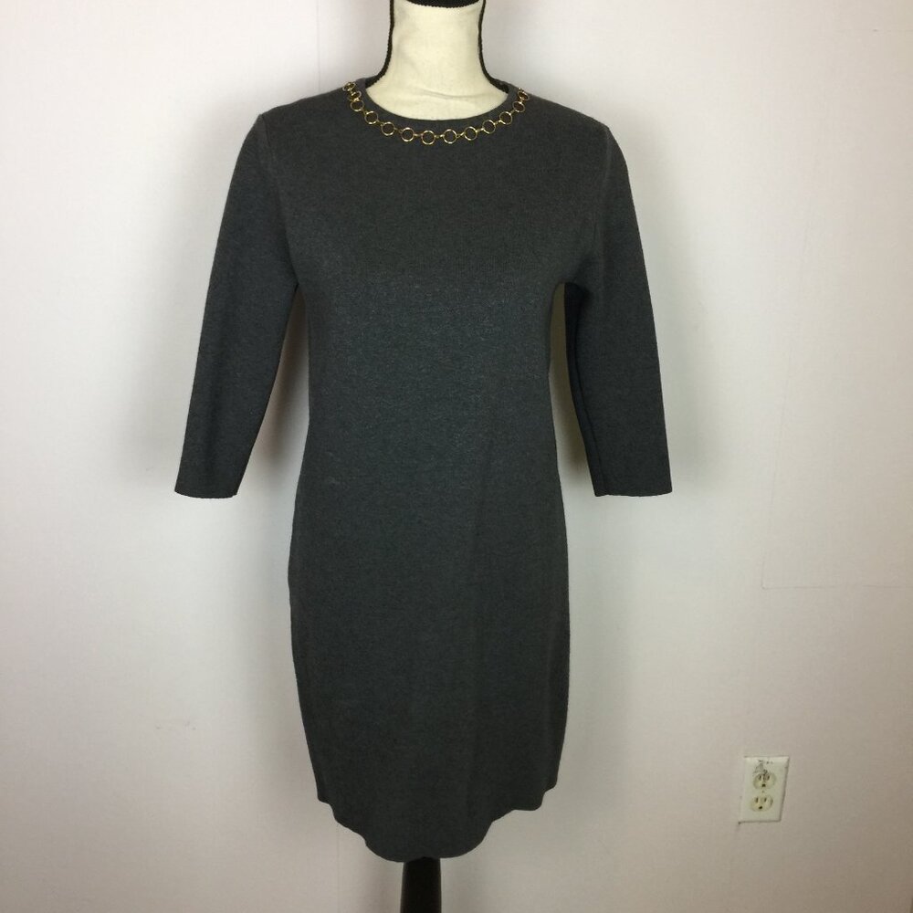 Zara Knit Sweater Dress Size M Womans Grey 3/4 Sleeve Crew Neck Embellished Neck